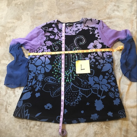 Papa blue purple black paisley sequins long sheer sleeves tee Size L - Picture 8 of 8